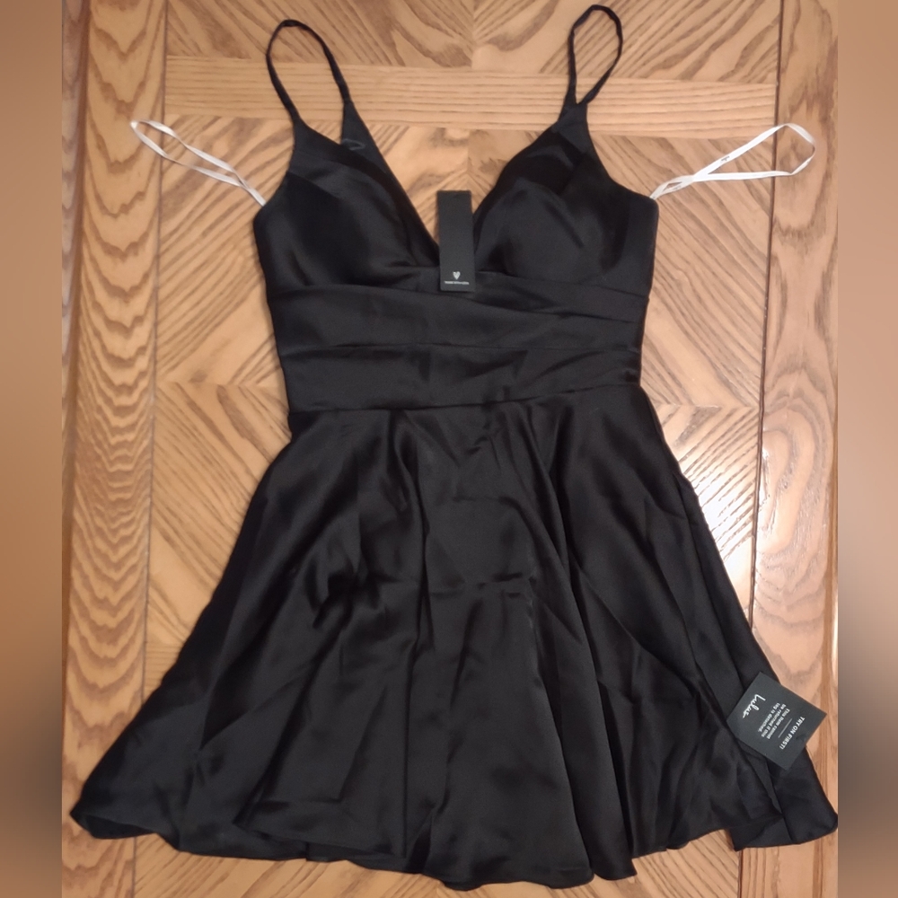 Lulu's remarkable romance black satin skater dress with pockets